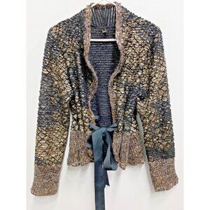 VTG 90s Neadle Womens Cardigan Small Gold Black Tie Wearable Art Unique Textured